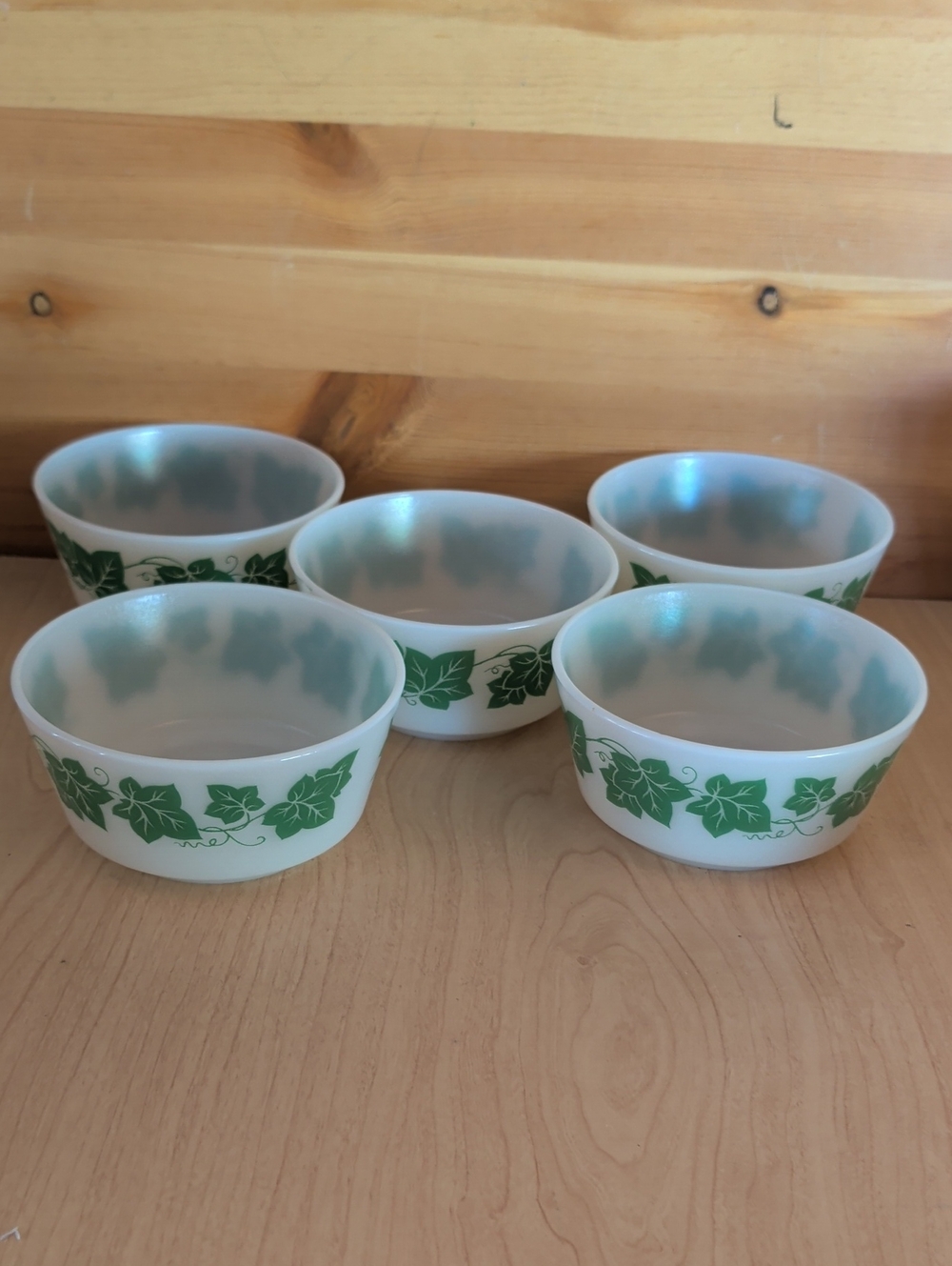 VTG, Hazel Atlas Milk Glass Soup/ Cereal Bowls with Green Ivy Pattern - Set of 5
